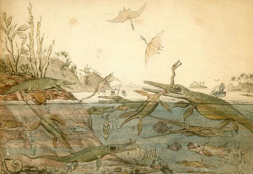 A painting of dinosaurs from 1830